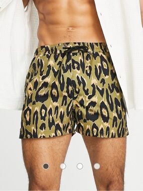 Men's Olive Leopard Print Swim Shorts
